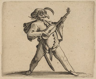 Zamaskowany komik grający na gitarze, z ..., 1616-22. autorstwa Jacques Callot
