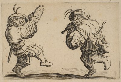 Les Danseurs a la Flute et au Tambourin Dwóch tancerzy grających na flecie i tambouri..., 1617-20. autorstwa Jacques Callot
