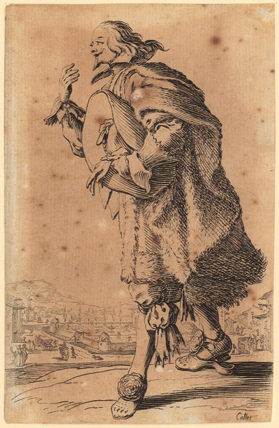 Mann streicht wie Geigenspieler über Grillrost, Blatt 19 der Folge "Die Zwerge" autorstwa Jacques Callot