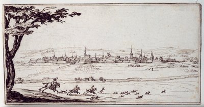 Nancy w oddali: błotniaki ścigające zająca (pióro i brązowy atrament na papierze) autorstwa Jacques Callot
