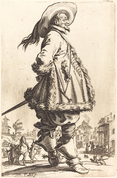 Szlachcic z płaszczem obszytym futrem, trzymający ręce za plecami, 16201623. autorstwa Jacques Callot
