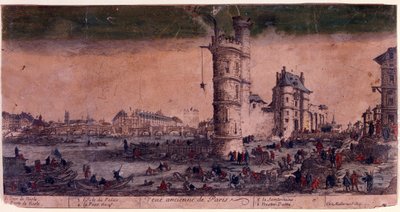 Paryż, Ile de la Cite, Le Pont Neuf i Wieża Nesle.Grawer Jacques Callot. . autorstwa Jacques Callot