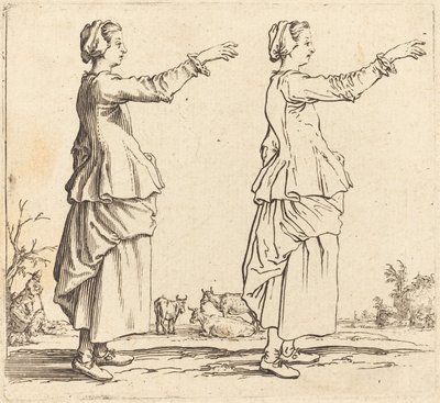 Chłopka z profilu, zwrócona w prawo, z wyciągniętym ramieniem, 1617 i 1621. autorstwa Jacques Callot