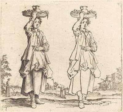 Chłopka z koszem na głowie, widok z przodu, 1617 i 1621. autorstwa Jacques Callot