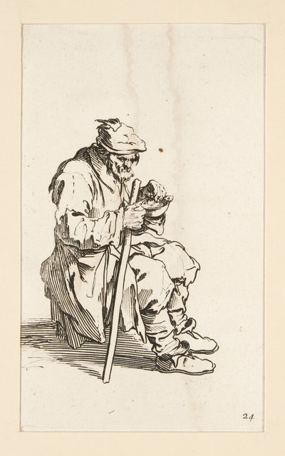 Siedzący żebrak, jedzący, z The Beggars autorstwa Jacques Callot