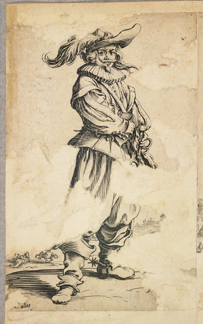 Żołnierz w kapeluszu z piórami, z La Noblesse de Lorraine (verso), ok. 1620-23 autorstwa Jacques Callot
