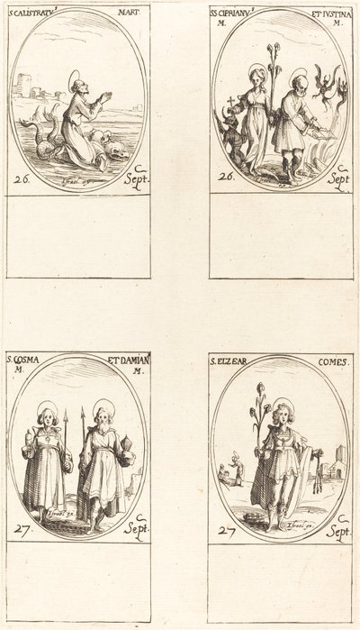 Św. Kalistrat; św. Cyprian i Justina; św. Comus i Damian; Św. Elzear, hrabia autorstwa Jacques Callot