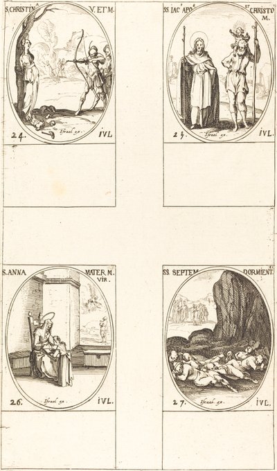 św. Krystyna; św. Jakuba, Apostoła i św. Krzysztofa; św. Anny; Siedmiu Śpiących E autorstwa Jacques Callot