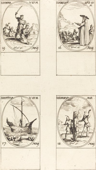 św. Dympna; św. Pielgrzym; św. Odrestaurowany; św. Dioskorus autorstwa Jacques Callot