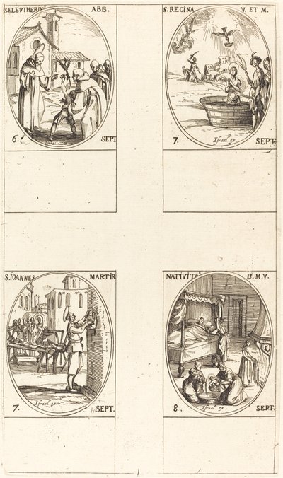 św. Eleuteriusza, opata; św. Regina; Święty Jan; Narodzenia Najświętszej Marii Panny autorstwa Jacques Callot
