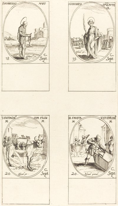 św. Ferreolus; św. Styczeń; św. Eustace i jego dzieci; Święci Fausta i Ewalazjusz autorstwa Jacques Callot