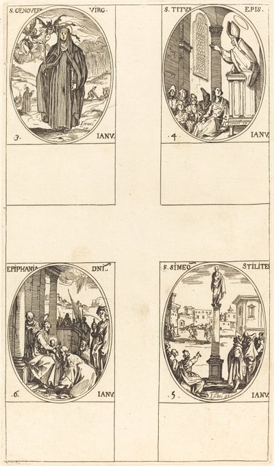 św Genevieve; św. Tytusa; św. Szymon Słupnik; Olśnienie autorstwa Jacques Callot