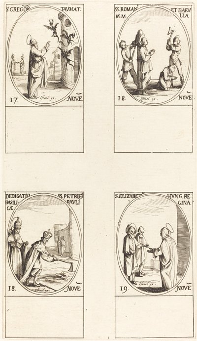 św. Grzegorz; św. Romanus i Barulla; Poświęcenie Bazyliek Św. Piotra i Pawła; autorstwa Jacques Callot