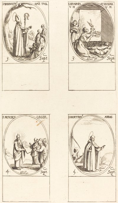Św. Ludwik Mansuetus; św. Serapia i Erasmus; Mojżesz; Św. Ludwik Bertin, Opat autorstwa Jacques Callot