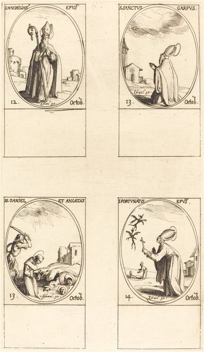 św. Maksymiliana, św. Karpa, św. Daniela i św. Anioła, św. Fortunata. autorstwa Jacques Callot