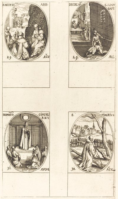 św. Mederyka, Opata; Ścięcie Jana Chrzciciela; św. Fiakr; Święto Dziewicy autorstwa Jacques Callot