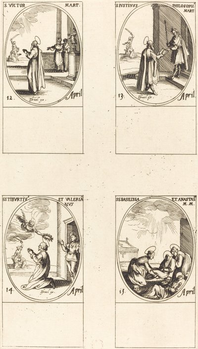 św. Zwycięzca; św. Justyna; Święci Tyburcjusz i Walerian; Święci Bazylisa i Anastazja autorstwa Jacques Callot