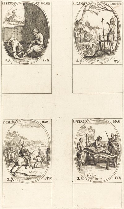 św. Zenon i Towarzysze, św. Jan Chrzciciel, św. Gallicanus, św. Pelagiusz. autorstwa Jacques Callot