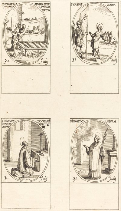 Święci Donatilla, największa i druga; św. Fabiusza; Jana Colombiniego; św. Ignacy Loyola autorstwa Jacques Callot
