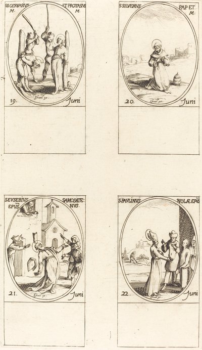 św. Gerwazy i Protazy; św. Silverius; św. Euzebiusz z Samosaty; Św. Paulin z Nola autorstwa Jacques Callot
