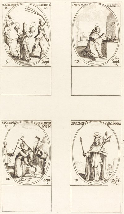 Święci Gorgonius i Dorota, św. Mikołaja z Tolentino, św. Polianus & Nemesian, św. Pul. autorstwa Jacques Callot