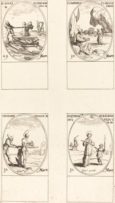 św. Jonasz i Barachisius; Św. Ludwik Jana Klimaka, opata; Św. Ludwik Benzoes; św. Kwiryn i Bal autorstwa Jacques Callot