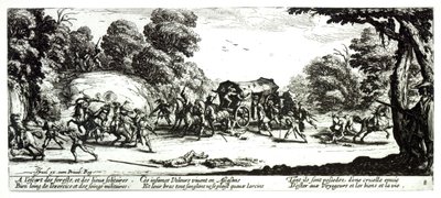 Atak na dyliżans, tablica 8 z „Nieszczęść i nieszczęścia wojny”, sztychowana przez Israela Henrieta (ok. 1590-1661) 1633 autorstwa Jacques Callot