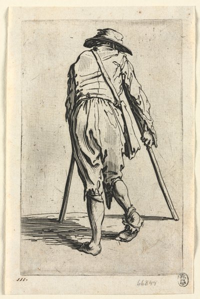 Żebracy: żebrak o kulach, w kapeluszu, c. 1623. autorstwa Jacques Callot