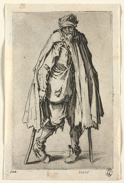 The Beggars: Żebrak o kulach z torbą autorstwa Jacques Callot
