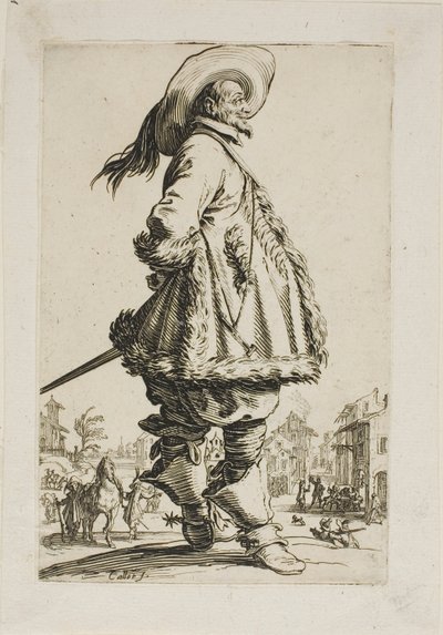 Dżentelmen w płaszczu obszytym futrem, trzymający ręce za plecami, płyta siódma z La Noblesse autorstwa Jacques Callot