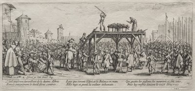 The Large Miseries of War: Egzekucja na kole, 1633. autorstwa Jacques Callot