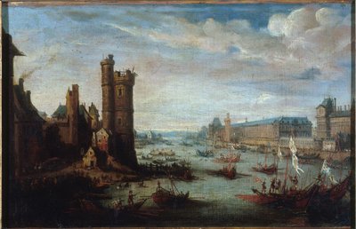 Tour de Nesle, Grande Galerie i Luwr widziane z Pont-Neuf, około 1630, między 1625 a 1635 (olej na płótnie) autorstwa Jacques Callot