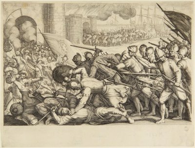 Żołnierze szturmujący bramę miasta autorstwa Jacques Callot
