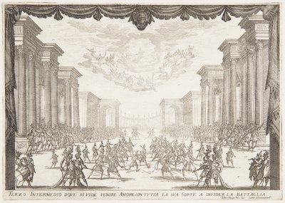 Trzecie Intermezzo, Bitwa zostaje zatrzymana przez przybycie miłości ze swoim orszakiem autorstwa Jacques Callot