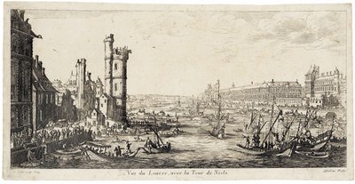 Widok znad Sekwany na Luwr po prawej stronie ... (akwaforta) autorstwa Jacques Callot