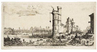 Widok na Pont Neuf i Tour de Nesle (rycina) autorstwa Jacques Callot