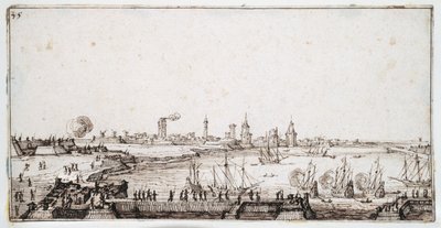 Widok na port La Rochelle z galeonami wystrzeliwującymi salut (pióro i brązowy atrament na papierze) autorstwa Jacques Callot