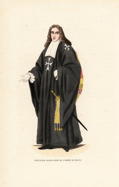 Wielki Krzyż Rycerzy Szpitalnych, Zakon Maltański, Zakon Rycerzy Szpitala św. Jana Jerozolimskiego, Kawaler Grand-Croix de l’Ordre de Malte. Ręcznie barwiony drzeworyt rycerski według ilustracji Jacques Charles Bar z Abbot Tiron’s autorstwa Jacques Charles Bar