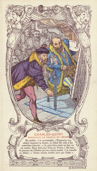 Karol V podnoszący pędzel Tycjana po tym, jak upuścił go podczas pracy nad portretem cesarza (kolor lito) autorstwa Jacques Emile (after) Blanche