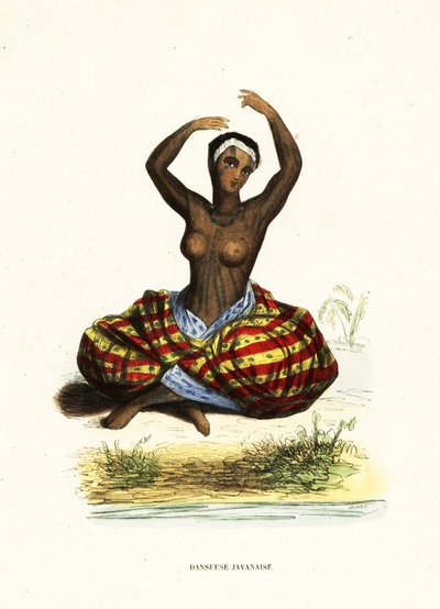 Wytatuowana młoda kobieta z odkrytymi piersiami tańczy hula siedząc na ziemi autorstwa Jacques Etienne Victor (after) Arago