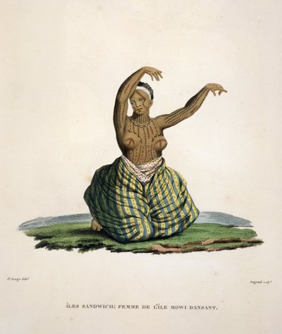 Tańcząca kobieta z wyspy Maui na Hawajach, grawerowana przez Parfait Augrand (ur. 1782) autorstwa Jacques Etienne Victor Arago