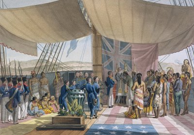 Wyspy Sandwich: Chrzest Króla Premiera na pokładzie Uranie, z Voyage Autour du Monde sur les Corvettes de Luranie 1817-20, grawerowane przez Lerouge i Forget, opublikowane 1825 ( autorstwa Jacques Etienne Victor Arago