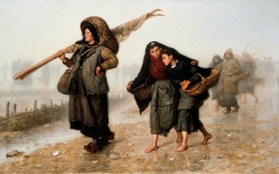 Zbieracze skorupiaków. Wieśniaczki, boso lub w drewniakach, wracające do domu z koszami pełnymi muszli i chroniące się przed deszczem. Obraz namalowany przez Jacques