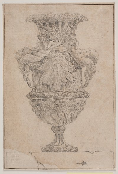 Ozdobny wazon z dużą głową, bogiem morza i nimfą wodną. Kopiuj po Pl. 26 w zestawie waz zaprojektowanych przez Saly w 1746 roku. "Vasa a se inventa..." autorstwa Jacques Francois Joseph Saly