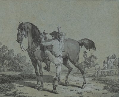 Człowiek wsiadający na konia, . autorstwa Jacques Francois Joseph Swebach