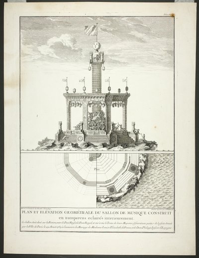 Plan i elewacja sali muzycznej, płyta trzecia z Description des Festes Données par la Ville de Paris autorstwa Jacques François Blondel