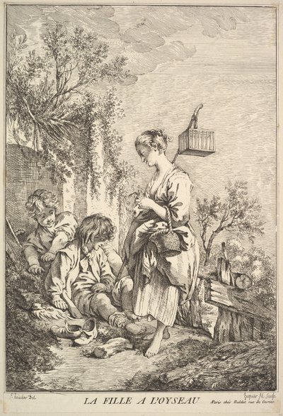 Dziewczyna z ptakiem, połowa do końca XVIII wieku. autorstwa Jacques Gabriel Huquier