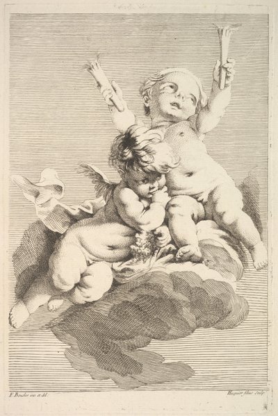 Dwa amorki, jedna trzymająca pochodnie, połowa do końca XVIII wieku. autorstwa Jacques Gabriel Huquier