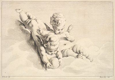 Dwa amorki, jeden trzymający piłkę, połowa do końca XVIII wieku. autorstwa Jacques Gabriel Huquier