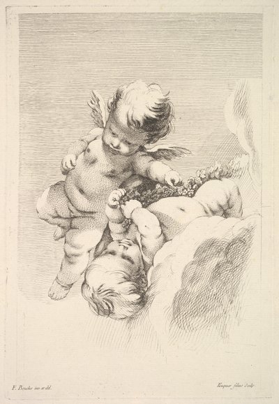 Dwa amorki, jeden trzymający wieniec, połowa do końca XVIII wieku. autorstwa Jacques Gabriel Huquier